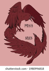 dark red illustration with Odin's ravens