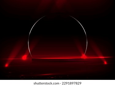 Dark red illustration with round podium and thin border