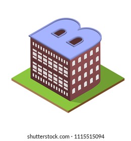 Dark red isometric building with letter B silhouette