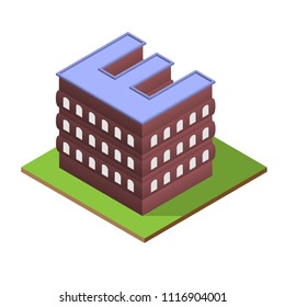 Dark red isometric building with letter E silhouette