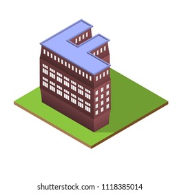 Dark red isometric building with letter F silhouette