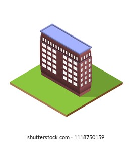 Dark red isometric building with letter I silhouette