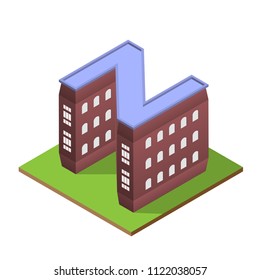 Dark red isometric building with letter Z silhouette