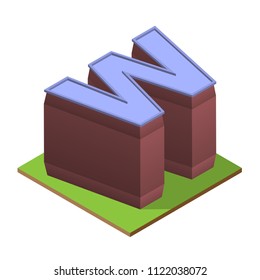 Dark red isometric building with letter W silhouette