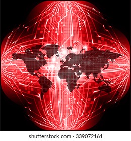 Dark red Light Abstract Technology background for computer graphic website internet and business. circuit. vector illustration. infographics. motion move blur.neon. pixel. World Map, Global