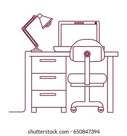 dark red line contour of desk home with chair and lamp and laptop computer vector illustration