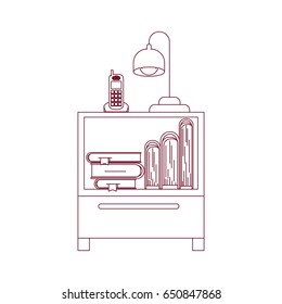 dark red line contour of nightstand with cordless phone and lamp and books stacking vector illustration