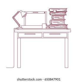 dark red line contour of work place office interior with laptop computer and lamp and stack books vector illustration