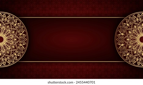 Dunkelroter luxuriöser Hintergrund, mit Rändern und goldenen Mandala-Ornamenten 