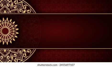 Fondo lujoso rojo oscuro, con bordes y adornos de mandala de oro 