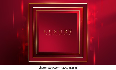 Dark red luxury background and golden square frame elements with glitter light and bokeh effect decoration.