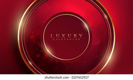 Dark red luxury background and golden circle elements with light, glitter and bokeh effect decoration.