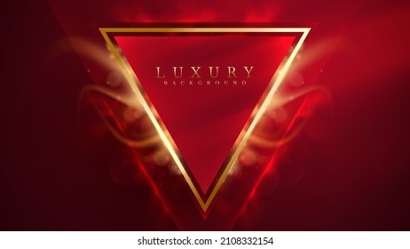 Dark red luxury background and golden triangle elements with flame effect with bokeh decoration and glitter light.