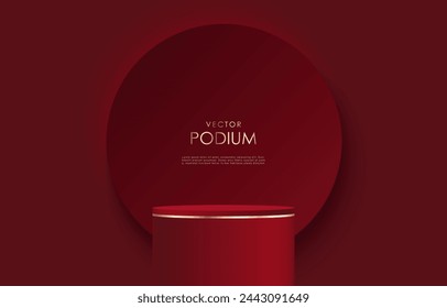 Moqueta de vector de podio de lujo rojo oscuro con elementos dorados. Podio cilíndrico rojo para la exhibición de productos, exposiciones y carteles o banners publicitarios. Fondo para cosméticos y perfumes