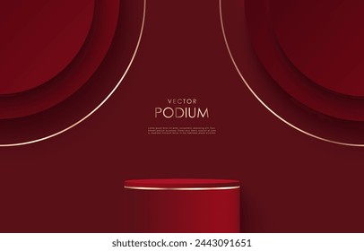 Moqueta de vector de podio de lujo rojo oscuro con elementos dorados. Podio cilíndrico rojo para la exhibición de productos, exposiciones y carteles o banners publicitarios. Fondo para cosméticos y perfumes