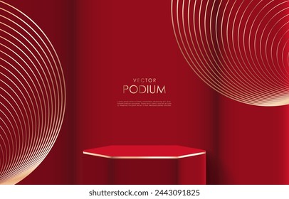 Dark red luxury podium vector mockup with golden elements. Red hexagonal podium for displaying products, exhibitions and advertising posters or banners. Background for cosmetics and perfumes