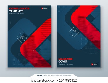 Dark Red Magazine Design. Cover Template for Magazine, Brochure, Report or Catalog. Layout with Bright Color Shapes and Abstract Photo on Background. Modern Magazine Concept