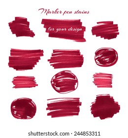 Dark red marker pen spots and lines isolated on a white background for your design. Vector illustration.