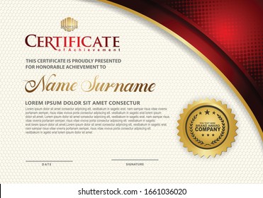 Dark red modern certificate template with gold line and  halftone effect ornament on texture pattern background, 