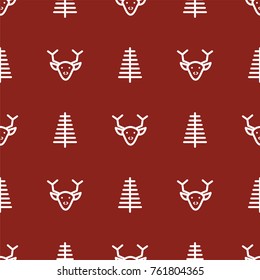 Dark red new year simple icon vector seamless pattern with trees and deer head.