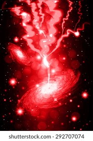Dark red Night sky with stars and nebula. lightning flash strike background. bolt, thunderbolt. thunder
