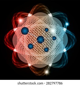 Dark red orange blue Shining atom scheme. Vector illustration. dark background. digital. infographics. Abstract Technology background for computer graphic website internet