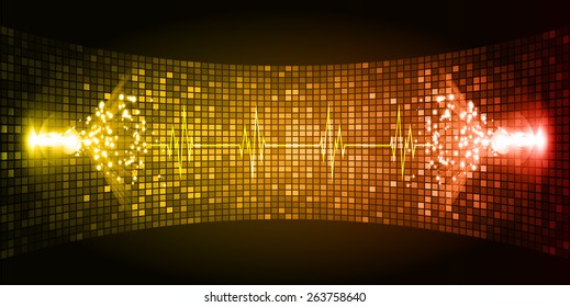 Dark red orange Sound wave background suitable as a backdrop for music, technology and sound projects. Heart pulse monitor with signal. Heart beat.