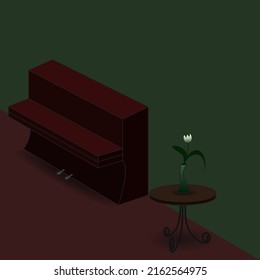 A dark red piano in a room with green wallpaper. 