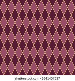 Dark red, pink, gold argyle seamless pattern. Rhombus, diamond shapes repeatable background for textile, fabric print, wrapping paper, wallpaper, book cover, invitation card, packaging design.