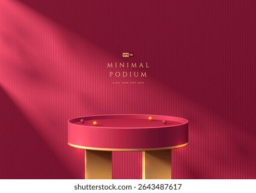 Dark red podium 3d background , Golden legs with natural light. Luxury abstract geometric composition minimalist design. Studio display showroom product pedestal, Fashion stage showcase mockup scene.