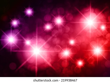 Dark red purple sparkling background with stars in the sky and blurry lights, illustration. Abstract, Universe, Galaxies.