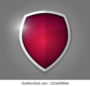 Dark red realistic shining shield icon. Defense, safety, privacy, security, safeguard or antivirus concept. Vector illustration