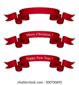 Dark Red Ribbons Isolated on White Background, Text Merry Christmas and Happy New Year on Festive Ribbons , Banner, Vector Illustration 