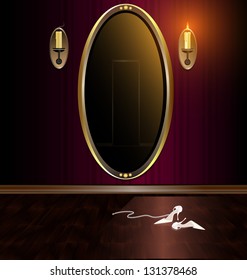 dark red room, large mirror and ladies shoes on the floor