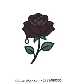 A dark red rose illustration with a single water droplet icon
