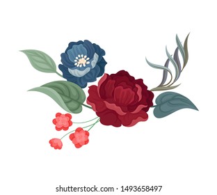 Dark red rose and large blue flower. Vector illustration on a white background.