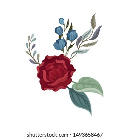 Dark red rose with leaves. Vector illustration on a white background.