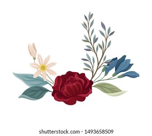 Dark red rose with white flowers. Vector illustration on a white background.