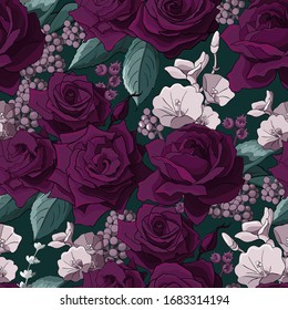 Dark red roses seamless. Abstract flower pattern  background for prints, fabric, invitation cards, wedding decoration, wallpapers, poster, wrapping paper. Realistic style. Floral motifs.Vector.