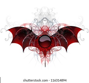 The dark, red, round the banner adorned with textured wings of a dragon on a white background