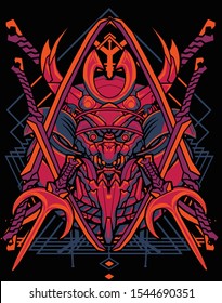 dark red samurai robot helmet with cross katana and trident sacred geometry background for t shirt design