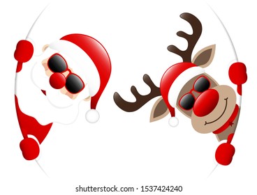 Dark Red Santa Claus And Reindeer Sunglasses Looking Inside Round Banner