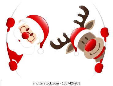 Dark Red Santa Claus And Reindeer Looking Inside Round Banner