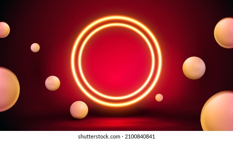 Dark red scene with large yellow neon rings and bouncing spheres around.