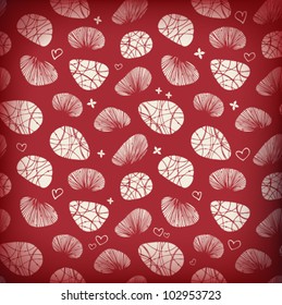 Dark red seamless background with decorative stones and shells. Can use for arts, cards, textile, wallpapers, web pages