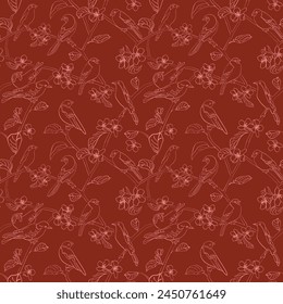 Dark red seamless background. Vector pattern with silhouettes of birds and apple tree flowers. Spring. 