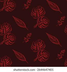 Dark red seamless pattern with red outlines of various tropical leaves. A modern and elegant botanical design for luxurious fabric, wallpaper, and decor.