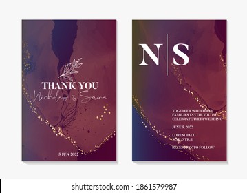 Dark red Set Card Wedding Invitation, abstract painting invite thank you, rsvp card design with Golden rust decoration Vector elegant anniversary template