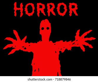 A dark red silhouette with glowing eyes draws his hands. The horror genre. Scary halloween character. Vector illustration.