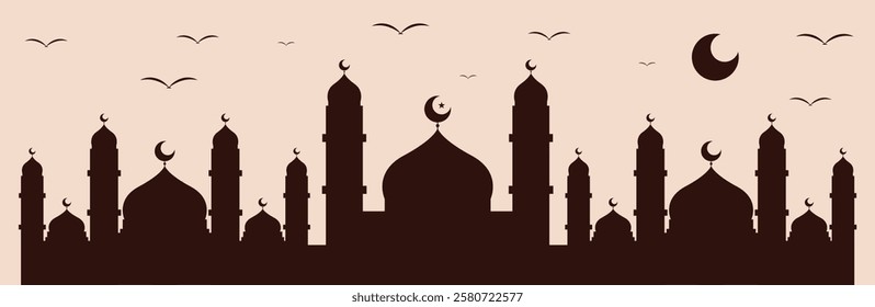 Dark Red Silhouette Mosque with Crescent with Birds on Sky for Islamic Background